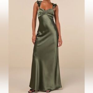 Olive Green Satin Ruffled Lace-Up Maxi Dress
